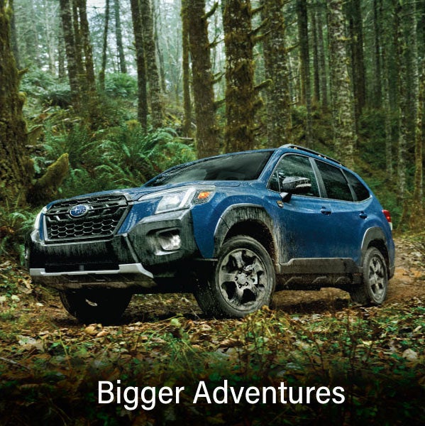 A blue Subaru outback wilderness with the words “Bigger Adventures“. | SubaruDemo3 in Salt Lake City UT